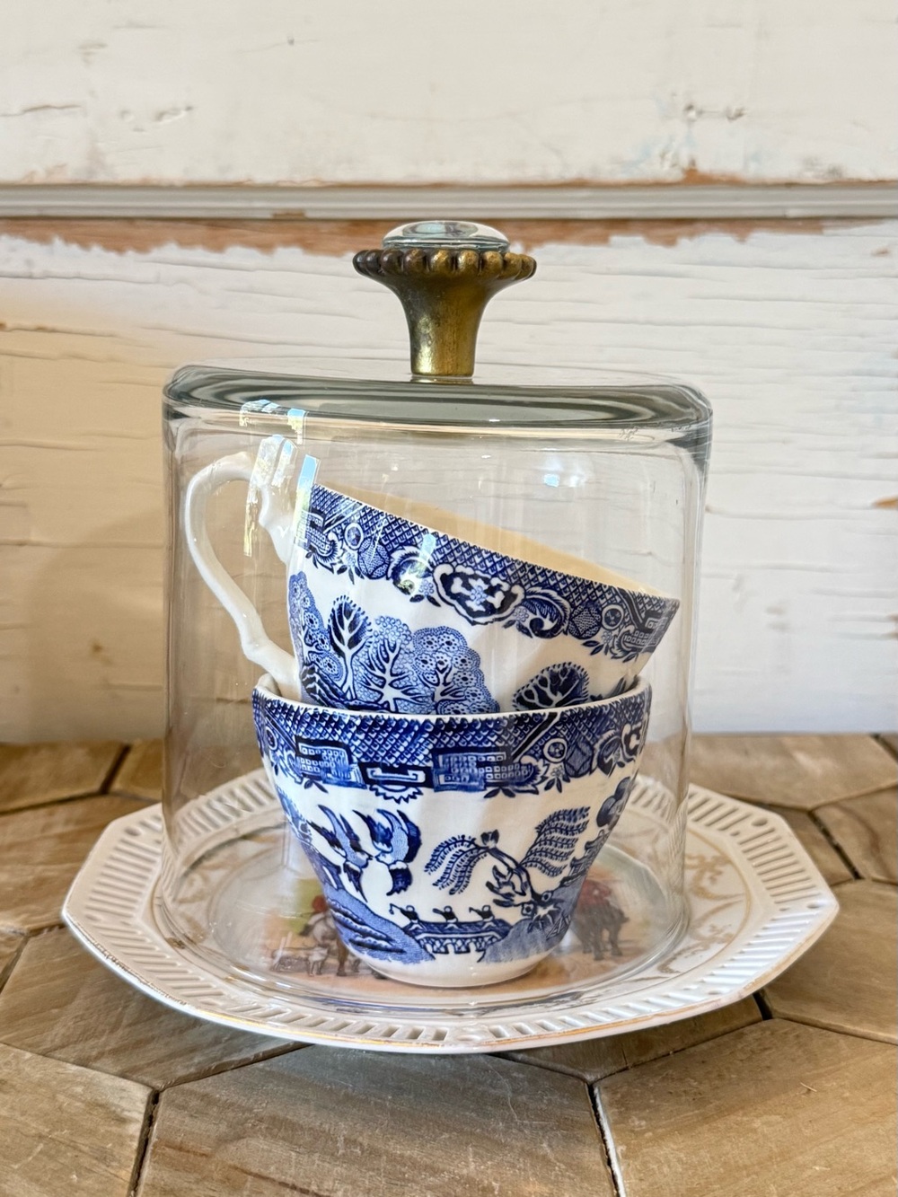 Vintage Equestrian Ralph Lauren Inspired Glass Cloche, Porcelain Fox Hunt Base